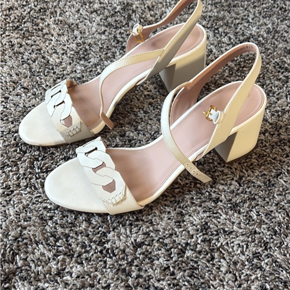 Cole Haan Cream Block Heel Chain-Detail Slingback Sandals